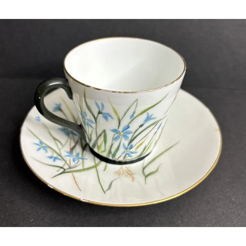 Antique 1997 Hand Painted Tea Cup and Saucer Blue Iris AJC LJC Demitasse